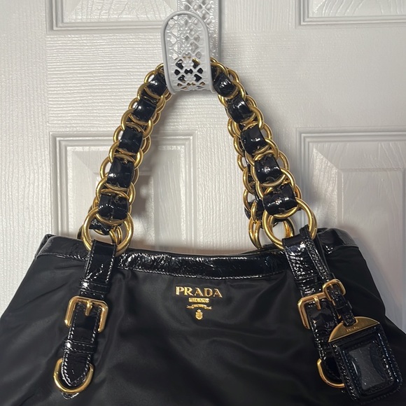 Prada nylon/ patent leather large bag with gold/patent chain handle - Picture 9 of 16